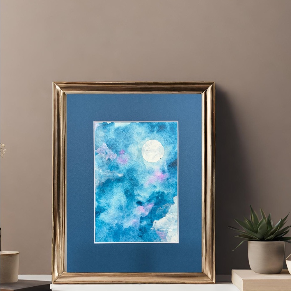 ORIGINAL HAND PAINTED ART Watercolor Artwork Handmade Painting Blue Mat 8x10”